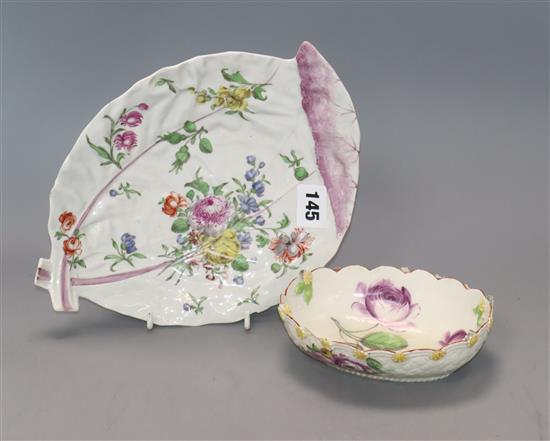 A Chelsea basket, c.1756 and a Worcester leaf dish, c.1760-5,